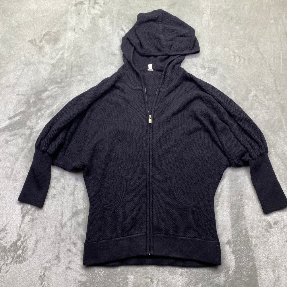 Lucy‎ Black Dolman Batwing Full Zip Hooded Sweater Textured Knit